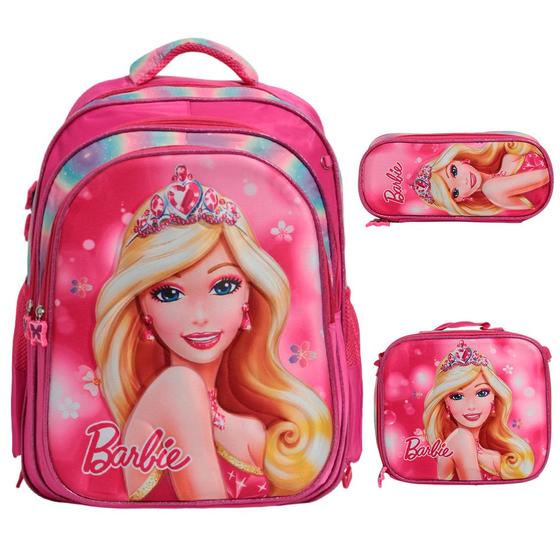 Imagem de Kit Mochila Infantil Feminina Barbie 3D Lancheira Estojo