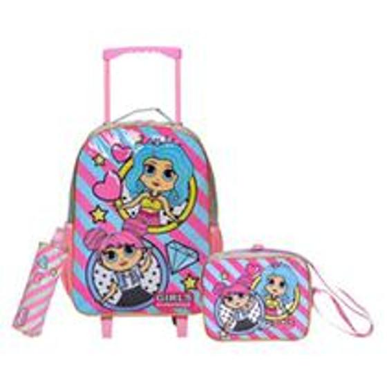 Imagem de Kit Mochila infantil feminina carrinho + lancheira  e estojo standard girls WINCY