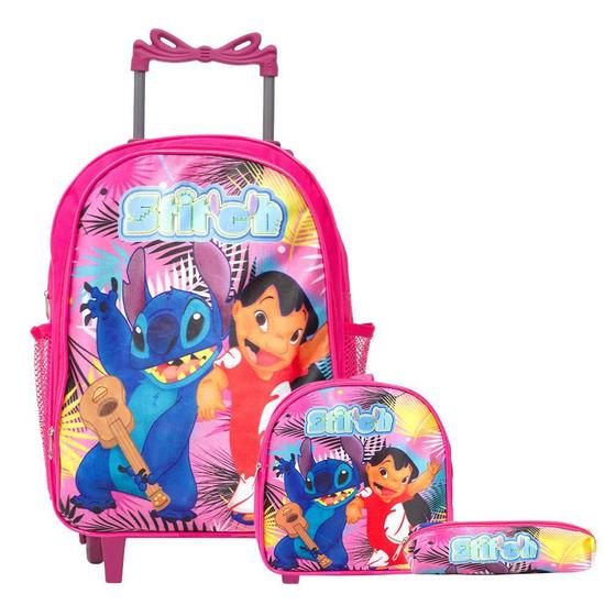 Imagem de Kit Mochila Infantil Feminina Lilo & Stitch Rodinha Tam G