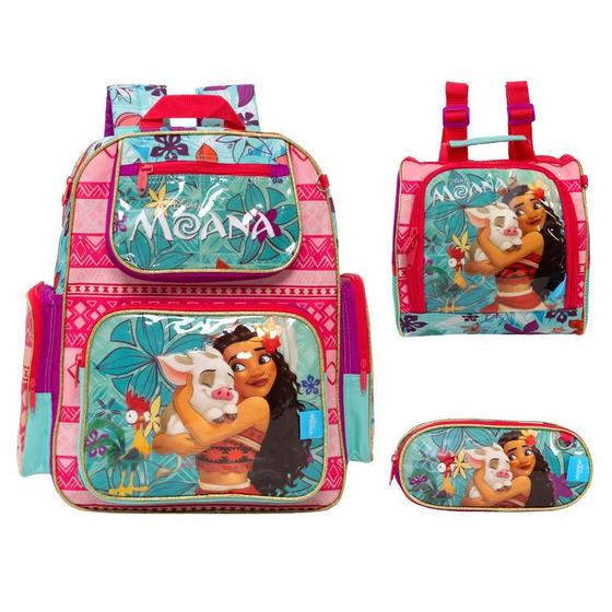 Imagem de Kit Mochila Infantil Feminina Moana Costas Tam G 3 Peças