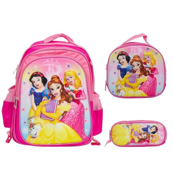 Imagem de Kit Mochila Infantil Feminina Princesas 3D Costas Tam G