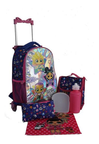 Imagem de Kit Mochila Infantil Feminina Rodinhas Escolar Glitter Girls Seanite