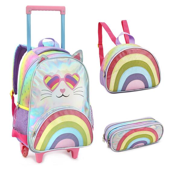 Imagem de Kit Mochila Infantil Gatinha Rainbow Com Orelhinhas Fofa