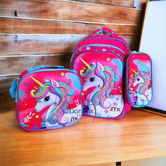 Imagem de Kit Mochila Infantil Grande 3d Escolar com Lancheira e Estojo Unicórnio