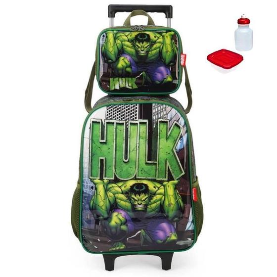 Imagem de Kit Mochila Infantil Hulk Marvel Verde Rodinha Escolar Tam G