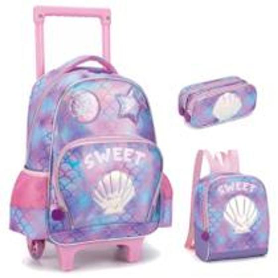Kit Mochila Infantil Juvenil Concha Sereia Rodinhas Alças Tam G Lancheira, Estojo Duplo - Fênix Menor preço em Kit Mochila Infantil Juvenil Concha Sereia Rodinhas Alças Tam G Lancheira, Estojo Duplo - Fênix