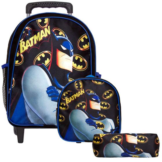 Imagem de Kit Mochila Infantil Juvenil Escola Masculina Batman Rodinha