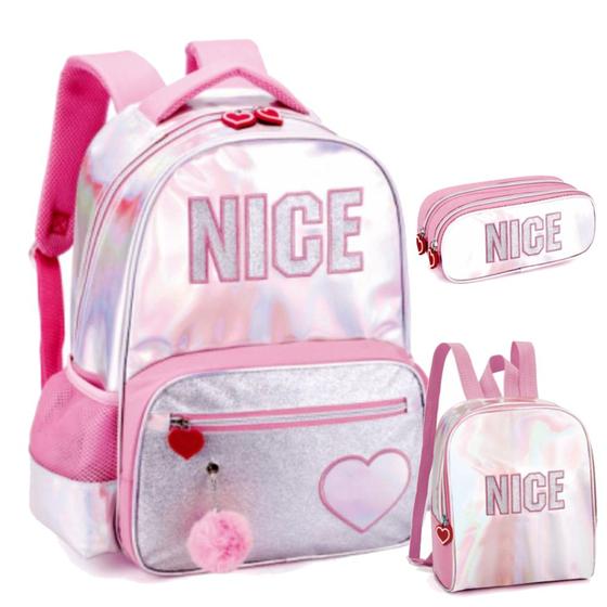 Imagem de Kit Mochila Infantil Juvenil Nice Escolar Costas Tam G Rosa Lancheira Estojo Duplo