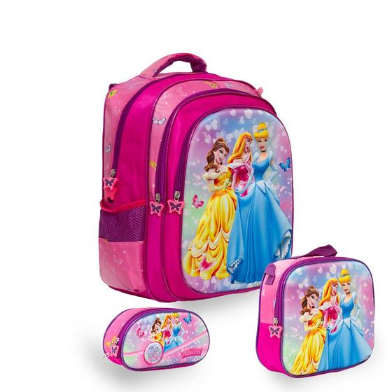 Imagem de Kit Mochila Infantil Lancheira Térmica Princesas Cor Rosa