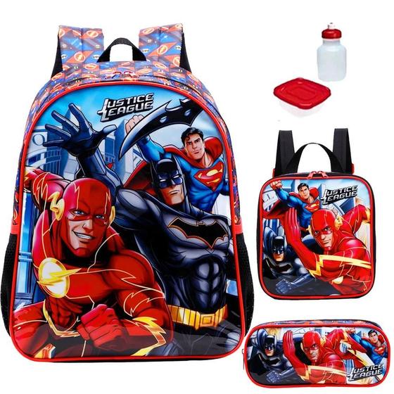 Imagem de Kit Mochila Infantil Liga Da Justiça Costas Tam G Escolar