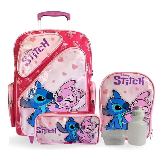 Imagem de Kit Mochila Infantil Lilo e Stitch Rosa Rodinhas Grande