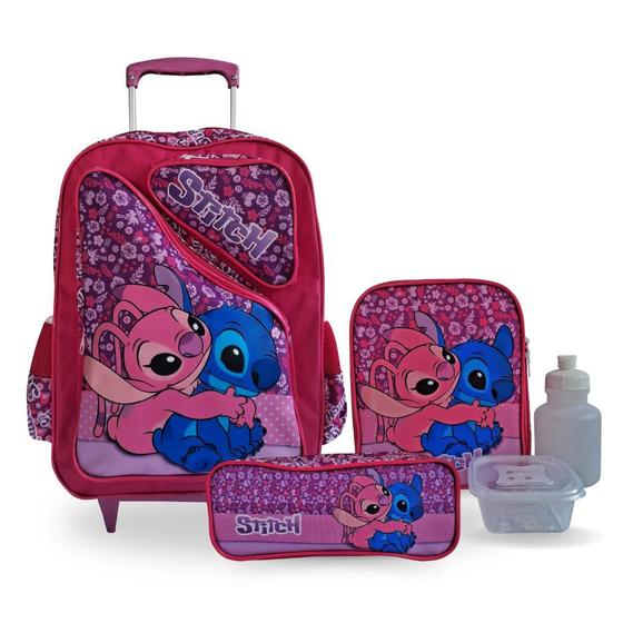 Imagem de Kit Mochila Infantil Lilo e Stitch Rosa Rodinhas Tam G