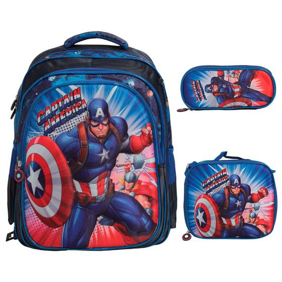 Imagem de Kit Mochila Infantil Masculina Capitão América 3D Tam G