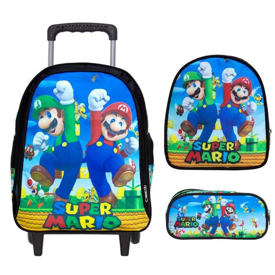 Imagem de Kit Mochila Infantil Masculina Escola de Rodinha Super Mario