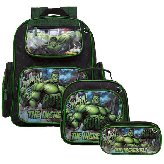 Imagem de Kit Mochila Infantil Masculina Lancheira Estojo Hulk