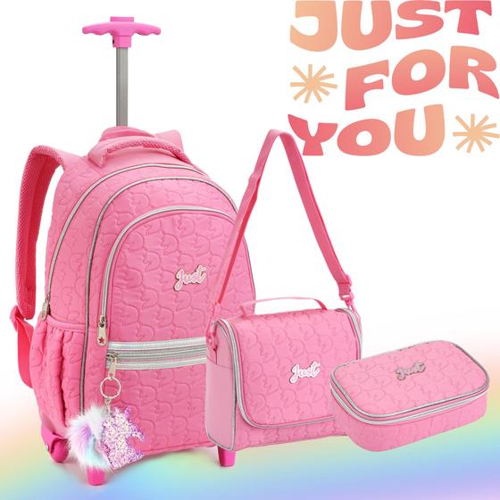 Imagem de Kit Mochila Infantil Menina De Rodinhas Com Chaveiro Escolar + Lancheira Térmica + Estojo Feminina