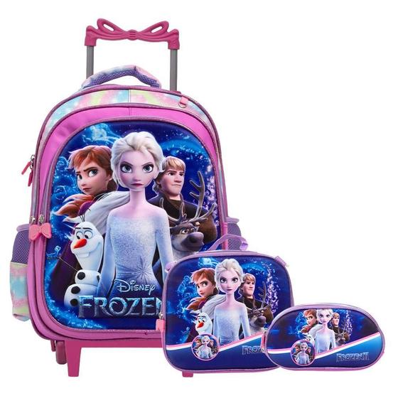 Imagem de Kit Mochila Infantil Menina Frozen 3D Rodinha Com Lancheira