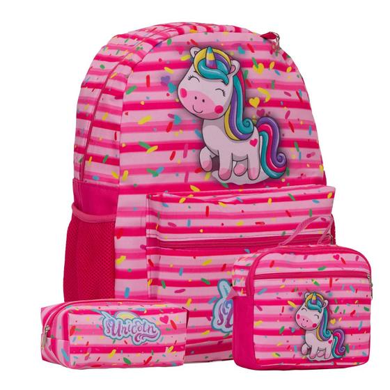 Imagem de Kit Mochila Infantil Menina Juvenil Unicórnio Rosa Reforçada