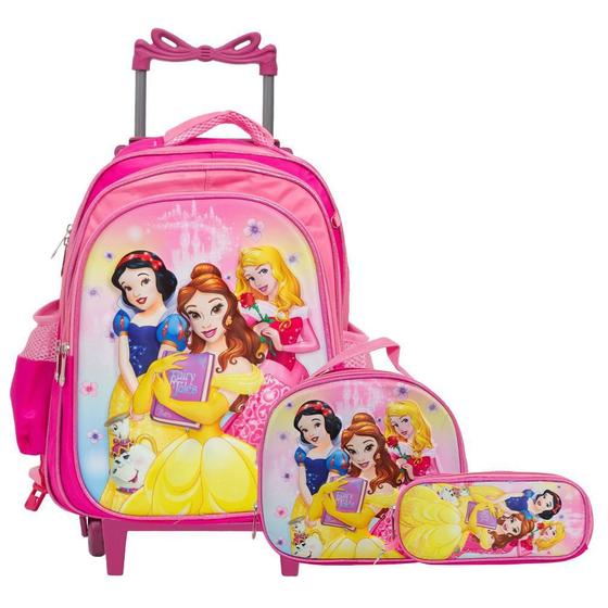 Imagem de Kit Mochila Infantil Menina Princesas 3D Rodinha + Lancheira