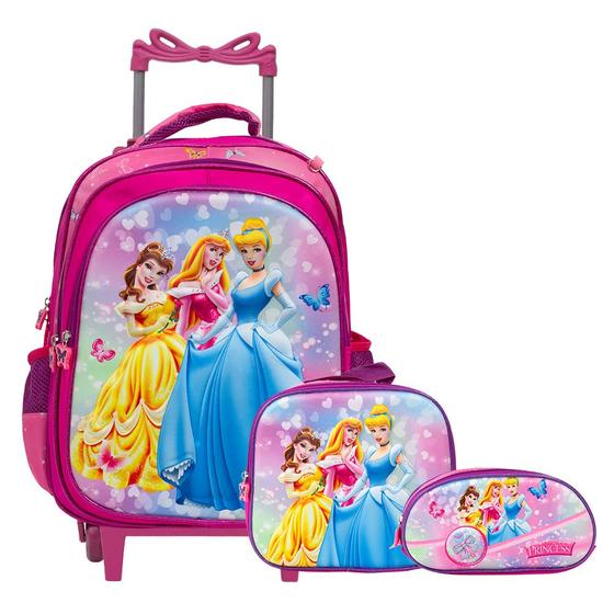 Imagem de Kit Mochila Infantil Menina Rodinhas Princesas 3D Cor Rosa