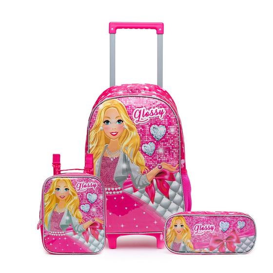 Kit Mochila Infantil Menina Rosa de Rodinhas Lancheira Térmica Estojo Duplo Menor preço em Kit Mochila Infantil Menina Rosa de Rodinhas Lancheira Térmica Estojo Duplo