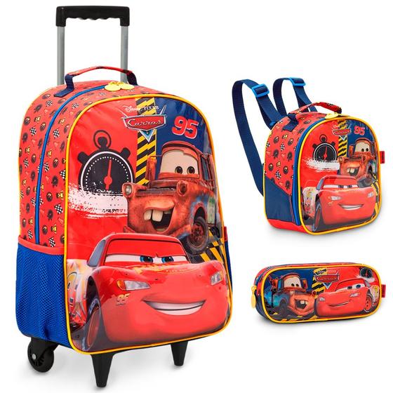 Imagem de Kit Mochila Infantil Menino Carros Rodinha Lancheira Térmica