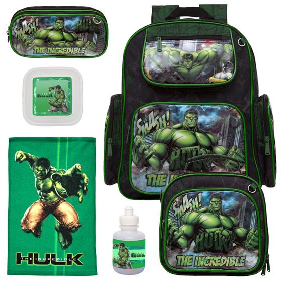 Imagem de Kit Mochila Infantil Menino Costas Hulk Preta com Lancheira