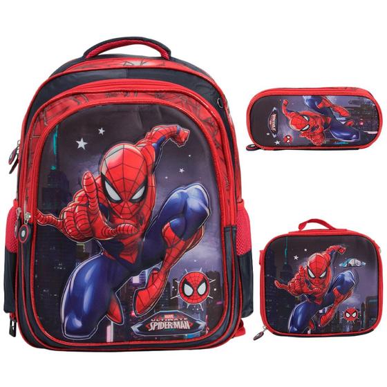 Imagem de Kit Mochila Infantil Menino Homem Aranha 3d Lancheira Estojo