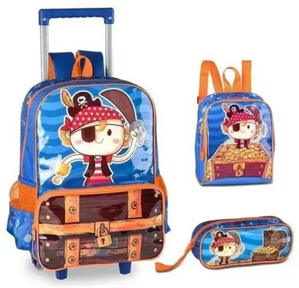 Imagem de Kit Mochila Infantil Menino Pirata Piratinha Rodinhas Alça G - clio