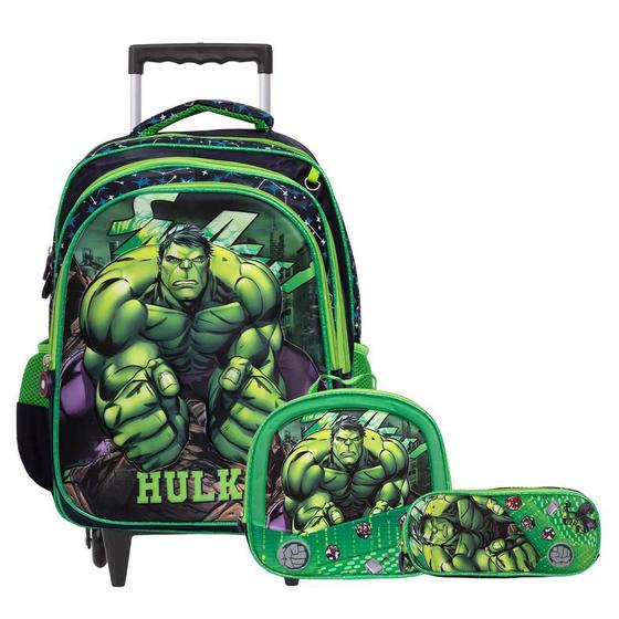 Imagem de Kit Mochila Infantil Menino Rodinha Hulk 3D Lancheira Tam G