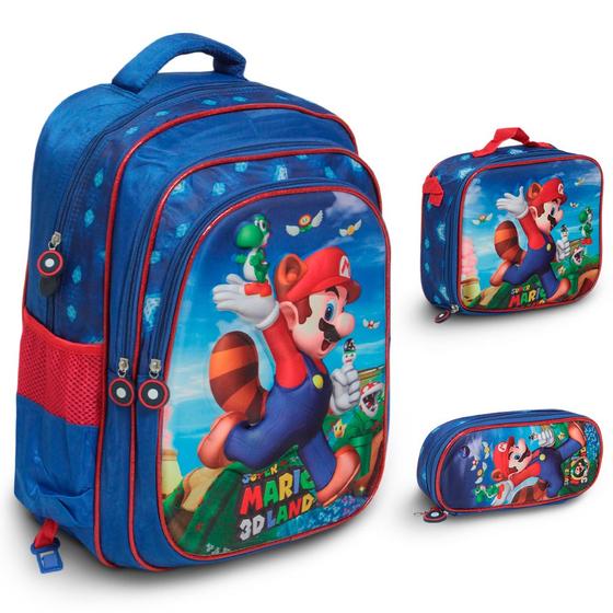 Imagem de Kit Mochila Infantil Menino Super Mario Alto Relevo Costas