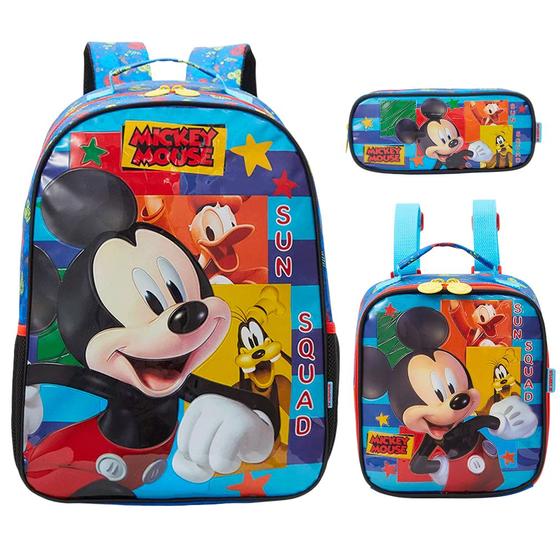 Imagem de Kit Mochila Infantil Mickey Costas Lancheira Estojo Azul