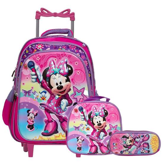 Imagem de Kit Mochila Infantil Minnie 3D Rodinhas Com Lancheira Estojo