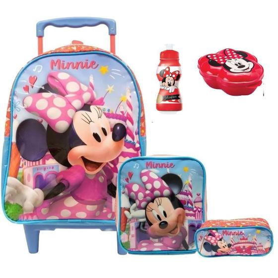 Imagem de Kit Mochila Infantil Minnie Laço Tam G Rodinhas Escolar