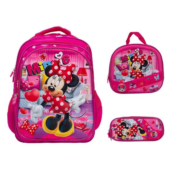 Imagem de Kit Mochila Infantil Minnie Mouse Costas 3D Lancheira Rosa