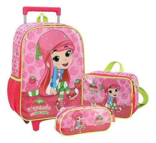 Imagem de Kit Mochila Infantil Moranguinho Lisa Rosa Rodinha Luxcel