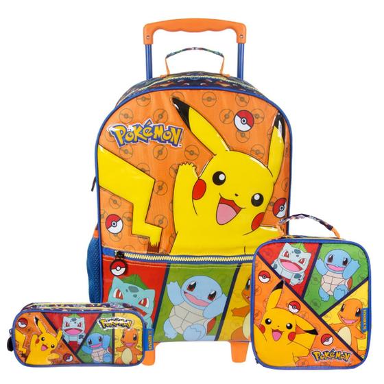 Imagem de Kit Mochila Infantil Rodas Pokemon Lancheira Estojo Escolar