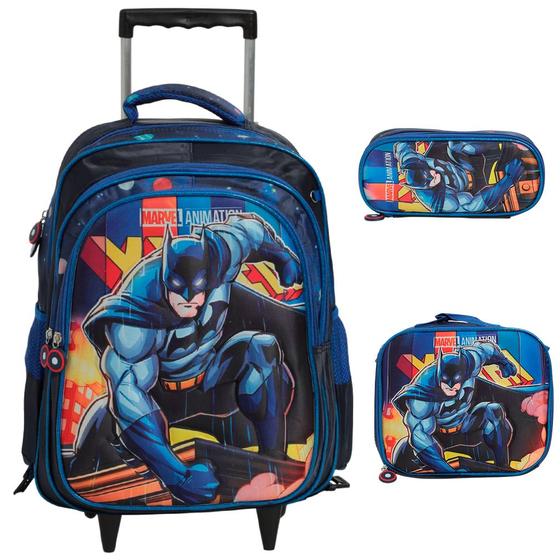 Imagem de Kit Mochila Infantil Rodinha Batman 3D Lancheira Estojo