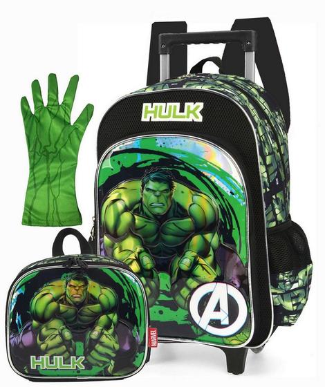 Imagem de Kit Mochila Infantil Rodinha Escolar Hulk Menino Reforçada 3D Holográfica + Lancheira + Luva Luxcel
