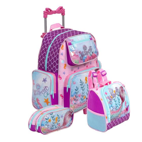 Imagem de Kit Mochila Infantil Rodinha Grande Sereia 3 Pçs Pre Escola