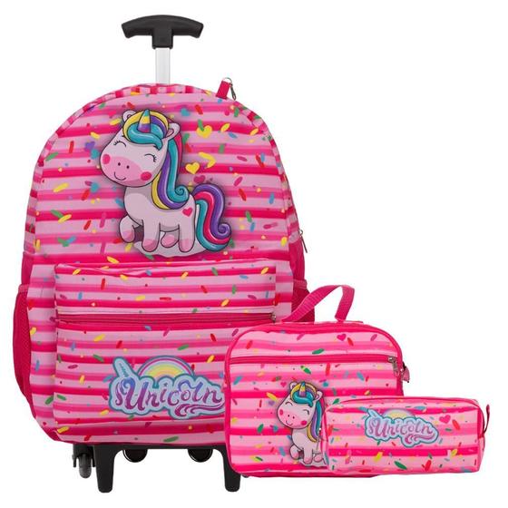 Imagem de Kit Mochila Infantil Rodinha Menina Unicórnio Rosa 3 Peças