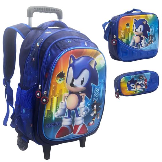 Imagem de Kit Mochila Infantil Rodinhas Escolar 3D - Sonic