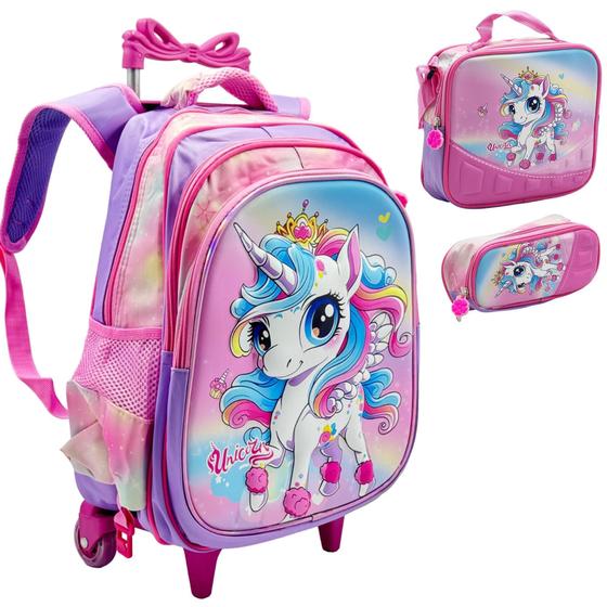 Imagem de Kit Mochila Infantil Rodinhas Escolar 3D - Unicórnio