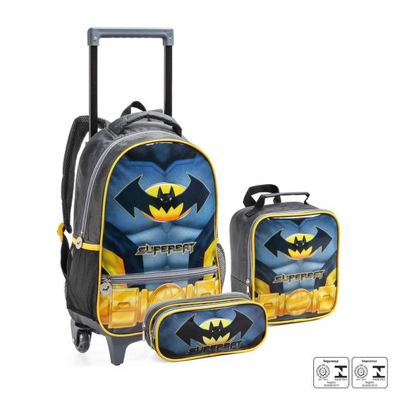 Imagem de Kit Mochila Infantil Rodinhas Escolar Meninos Super Bat