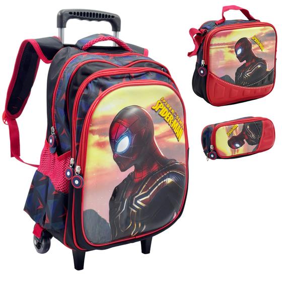 Imagem de Kit Mochila Infantil Rodinhas Estojo Lancheira Escolar 3D - Homem Aranha (Preto)