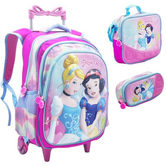 Imagem de Kit Mochila Infantil Rodinhas Estojo Lancheira Escolar 3D - Princesas