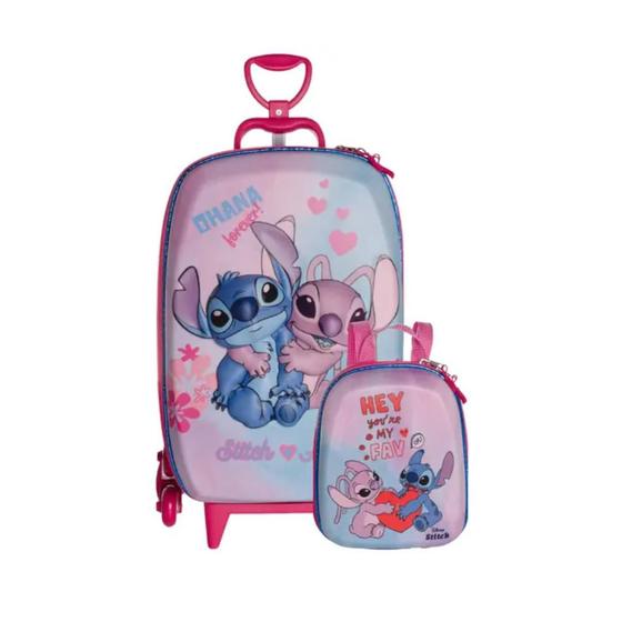 Imagem de Kit Mochila Infantil Rodinhas + Lancheira Stitch e Angel 3D - Ref KL88633