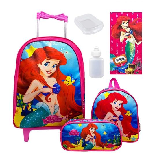 Imagem de Kit Mochila infantil rodinhas Pequena Sereia + lancheira + estojo