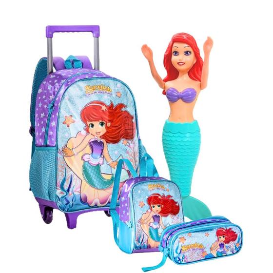 Imagem de Kit mochila infantil rodinhas sereias