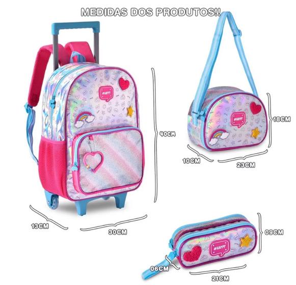 Imagem de Kit Mochila Infantil Rosa Holográfica Rodinhas Menina Escolar Reforçada Resistente